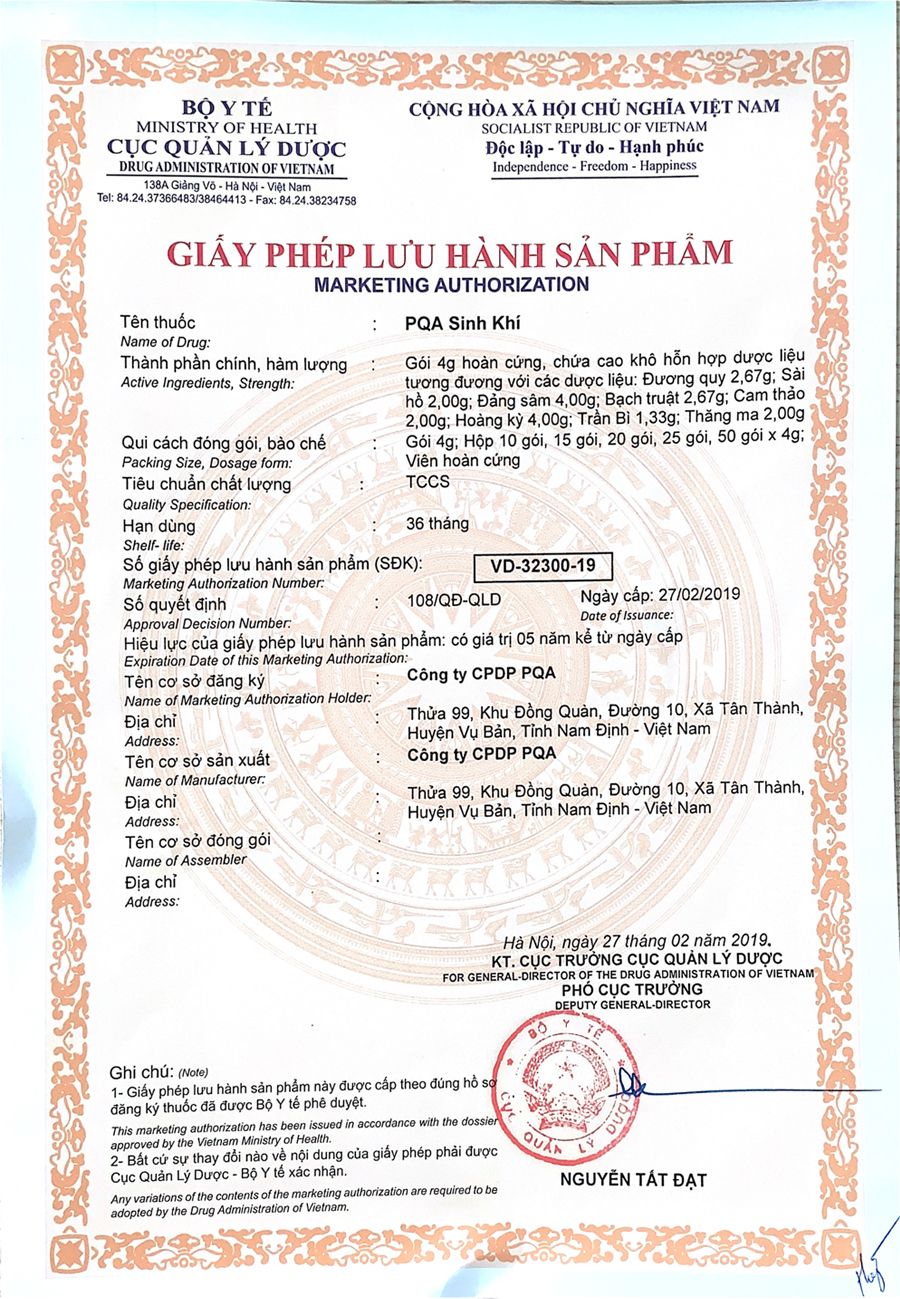 Giấy phép lưu hành pqa sinh khí